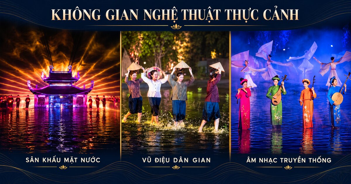 Không gian nghệ thuật thực cảnh The Love of Thăng Long với sân khấu mặt nước, vũ điệu dân gian và âm nhạc truyền thống